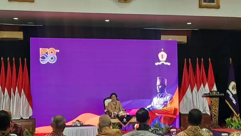 Megawati saat menyampaikan sambutan dalam acara peluncuran 58 judul buka dalam rangka Hari Jadi ke-58 Lemhannas RI di Gedung Lemhannas Jakarta Pusat, Sabtu (20/5/2023).