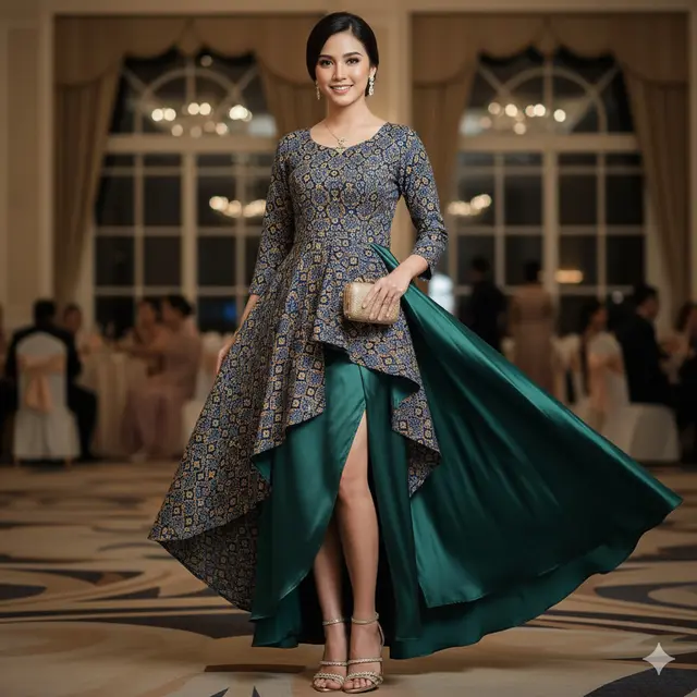 Model Long Dress Batik Kombinasi Satin yang Lagi Tren