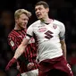 Penyerang Torino, Andrea Belotti berusah menyundul bola dari kawalan bek AC Milan, Simon Kjaer  pada pertandingan perempat final Coppa Italia di stadion San Siro, Milan (28/1/2020). AC Milan menang 4-2 atas Torino dan melaju ke babak semifinal melawan Juventus.  (Fabio Ferrari/Lapresse via AP)