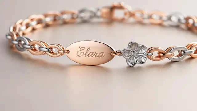 Gelang Rantai Rose Gold Kombinasi Emas Putih dengan Charm Nama dan Bandul Bunga
