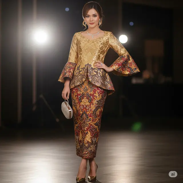 Gaun Batik Kombinasi Brokat dan Payet