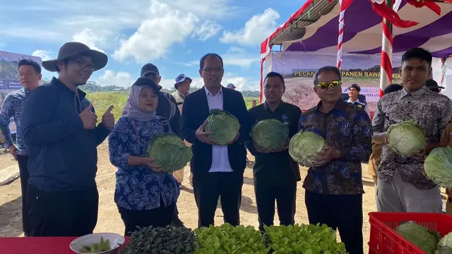 Duta Besar John Chen, TETO bersama perwakilan pejabat Indonesia bersama-sama memperlihatkan hasil panen kol varietas Taiwan pada saat rotasi tanaman panen