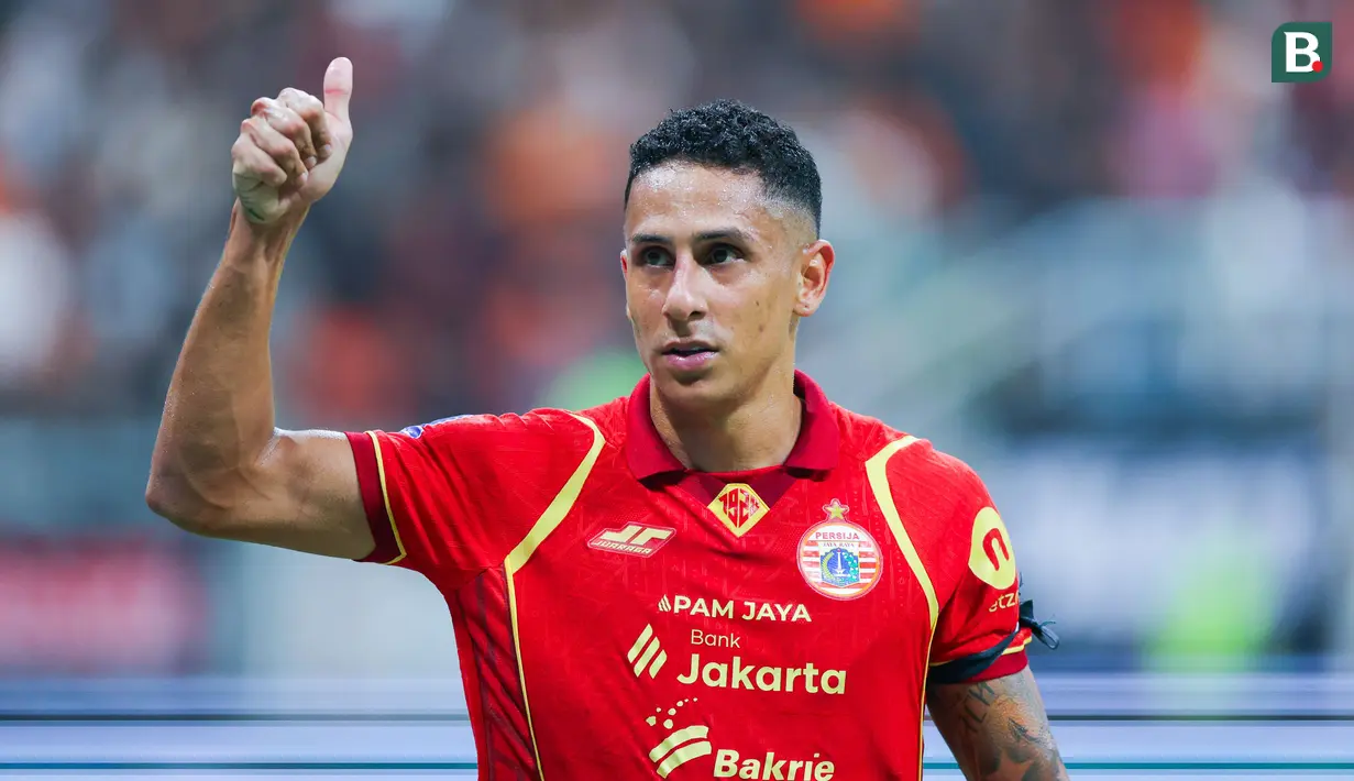 Pemain Persija Jakarta, Bruno Tubarao, merayakan gol ke gawang Bali United dalam lanjutan BRI Super League 2025/2026 di Jakarta International Stadium (JIS), Minggu (14/9/2025) malam WIB. (Bola.com/M Iqbal Ichsan)