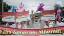 Puluhan massa yang tergabung dalam Komunitas Blogger Milenial (KBM) menggelar aksi #SaveUnicorn di Jakarta, Selasa (19/2). Massa mengaku kecewa terhadap pernyataan salah satu capres terkait unicorn saat debat kedua. (Liputan6.com/Faizal Fanani)