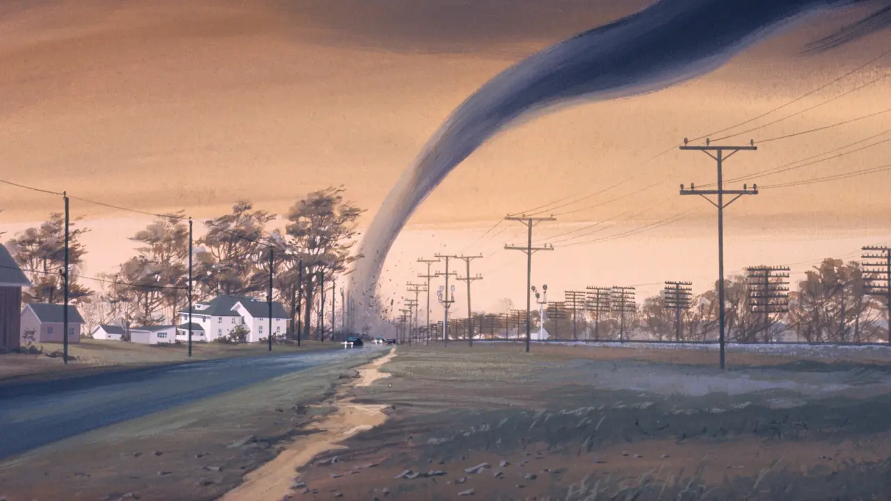 Artist's rendition of a tornado destroying a structure.