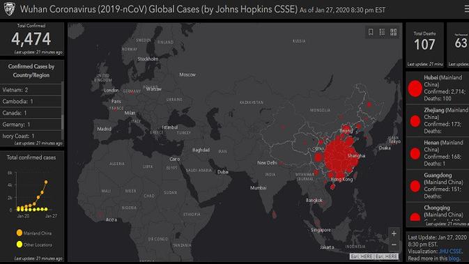 Tangkapan Layar peta persebaran infeksi virus corona di dunia milik Center for Systems Science and Engineering pada Selasa, 28 Januari 2020 pukul 11.54 WIB
