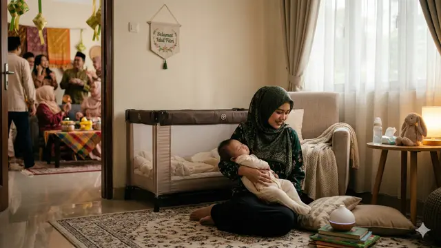 Tips agar bayi tidak overstimulasi saat lebaran (Foto: Gemini AI)