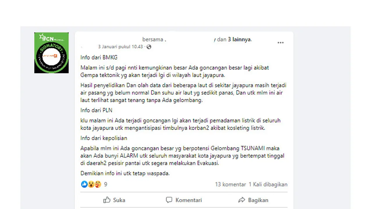 Tangkapan layar klaim info dari BMKG potensi tsunami pasca gempa Jayapura 3 Januari 2023