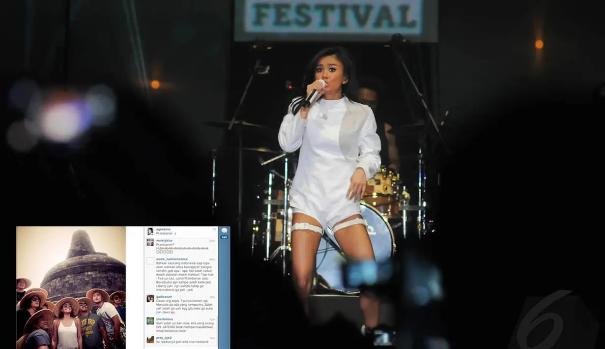 Agnes Monica dibully di Instagram, gara-gara salah menulis Prambanan untuk foto berlatar belakang stupa   Borobudur. (Liputan6.com/Herman Zakharia)