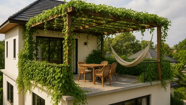 Rooftop Teras dengan Tanaman Merambat dan Pergola (Foto: ChatGPT)