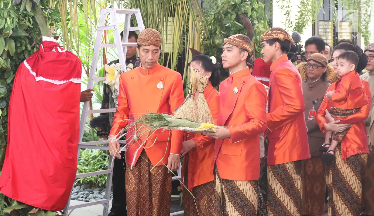 Presiden Jokowi didampingi Ibu Negara, Iriana dan Gibran Rakabuming serta Kaesang Pangarep saat pemasangan prosesi bleketepe pernikahan Kahiyang Ayu dan Bobby Nasution di kediamannya Jalan Kutai Utara, Solo, Selasa (7/11). (Liputan6.com/Angga Yuniar)