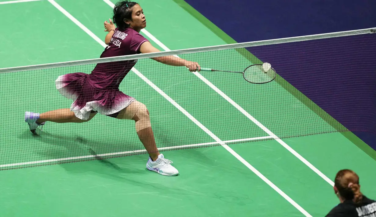 Tunggal putri Indonesia Gregoria Mariska Tunjung berhasil melaju ke babak 16 besar Kejuaraan Dunia Bulu Tangkis 2025 usai meraih kemenangan di Adidas Arena, Paris, Prancis, Rabu (27/8/2025) sore WIB. (Dimitar DILKOFF/AFP)
