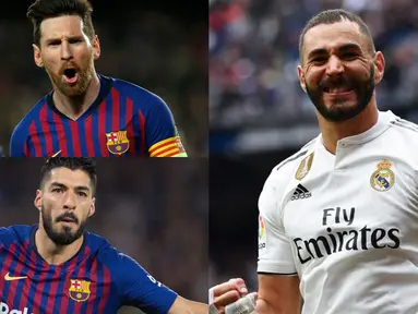 Raihan tiga gol yang dicetak Karim Benzema ke gawang Bilbao membuat bomber Real Madrid tersebut menggeser Luis Suarez di posisi kedua. Penyerang 29 tahun tersebut bisa menjadi ancaman baru untuk Lionel Messi (Kolase Foto AFP)