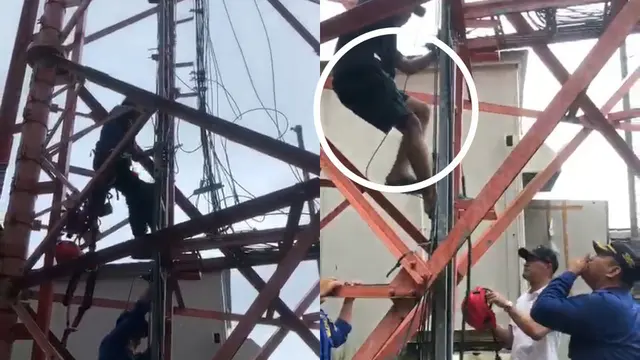 Proses evakuasi terduga pencuri kabel tembaga tower telekomunikasi yang bertahan di atas tower lantaran takut dihajar massa.