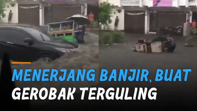 Sebuah mobil terjang banjir di jalan merugikan orang lain.