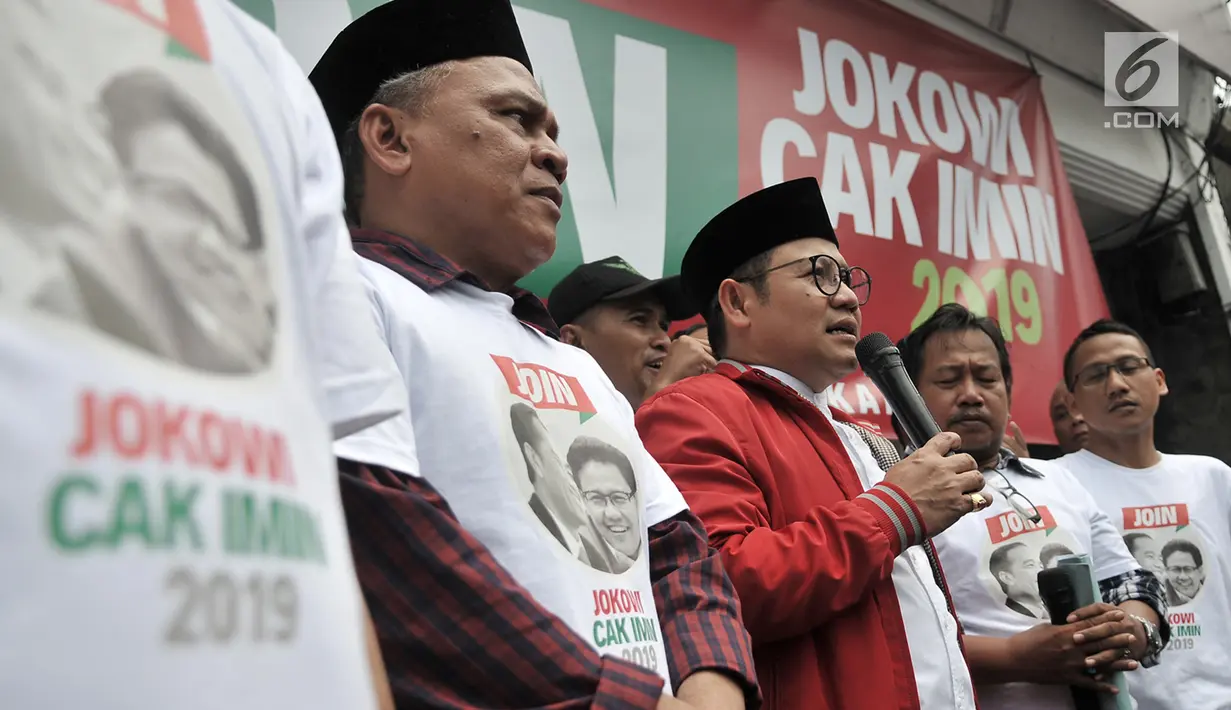 Ketua Umum PKB Muhaimin Iskandar memberikan sambutan saat Deklarasi Relawan JOIN di Jakarta, Selasa (10/4). Muhaimin pun meminta para relawan agar mensosialisasikan JOIN ke seluruh masyarakat Indonesia. (Merdeka.com/Iqbal S Nugroho)