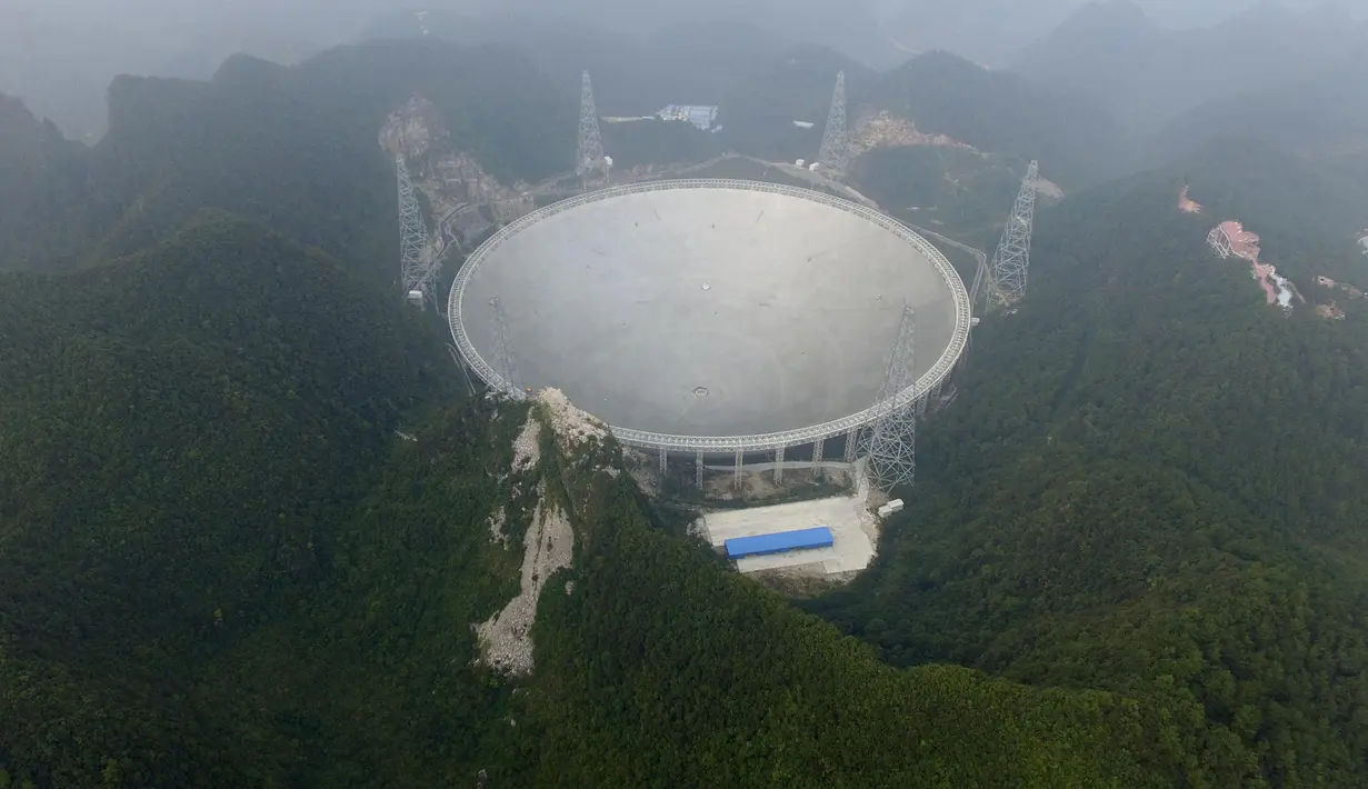 Pandangan udara menunjukkan teleskop terbesar di dunia, Aperture Spherical Telescope atau FAST, pada hari pertama uji coba di Pingtang, China, Minggu (25/9). Teleskop ini berhasil dirampungkan dalam lima tahun dengan biaya mencapai Rp2,3 triliun (STR/AFP)