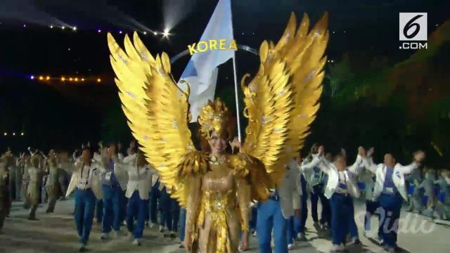 Pembukaan Asian Games, Kontingen Korea Selatan dan Utara berbaris dalam naungan bendera yang sama: Bendera Unifikasi