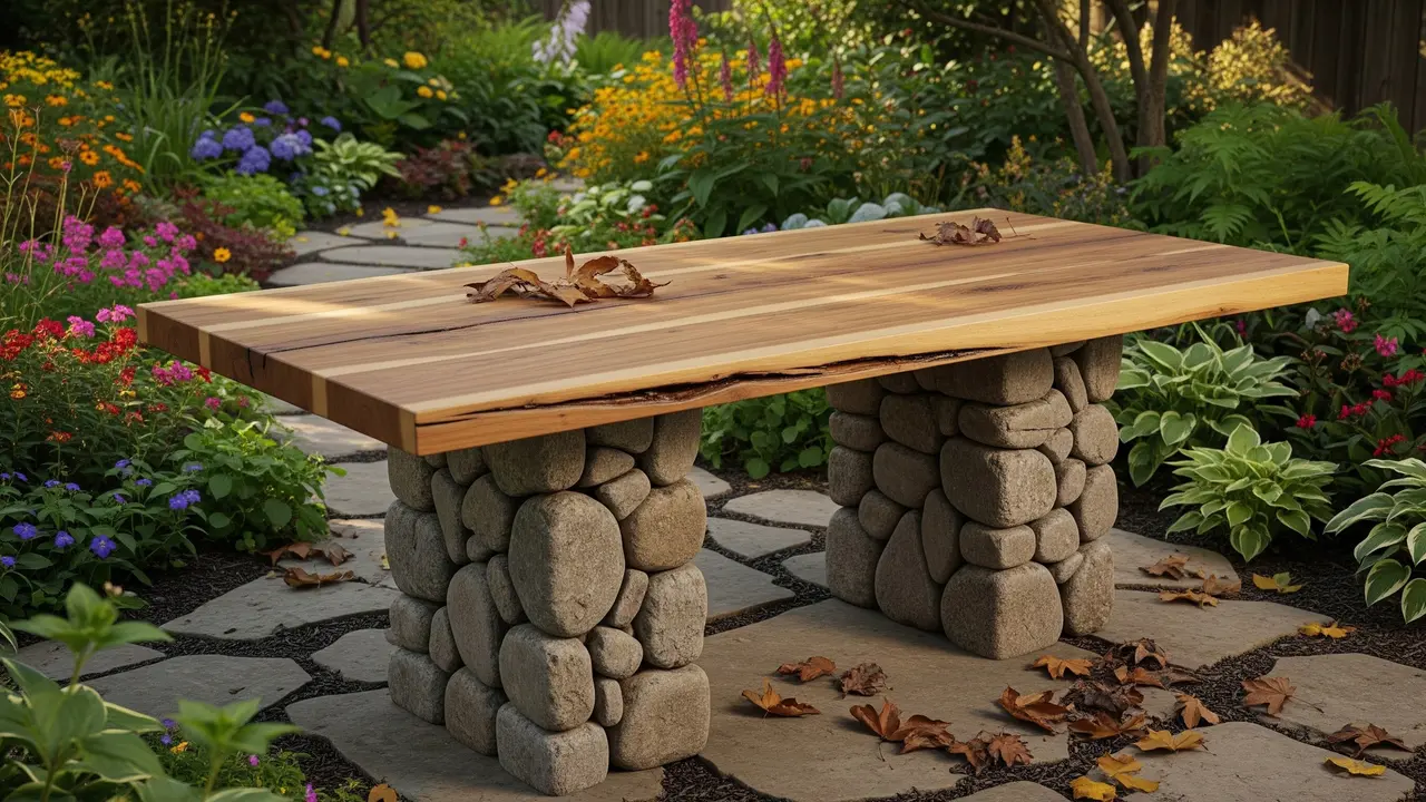 Inspirasi Meja Taman dari Batu dan Kayu