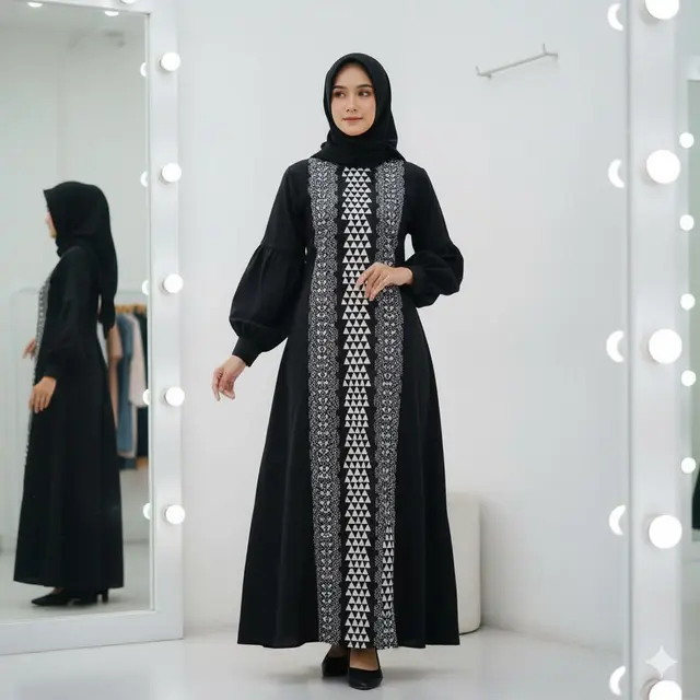 Gamis Batik Tumpal Monokrom Abu-Abu