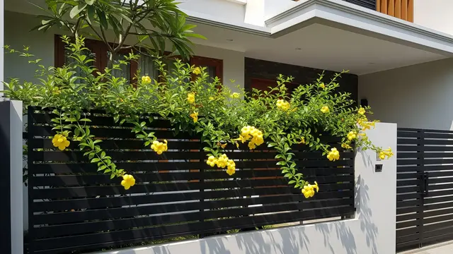 Pagar Besi Horizontal dengan Tanaman Merambat Alamanda