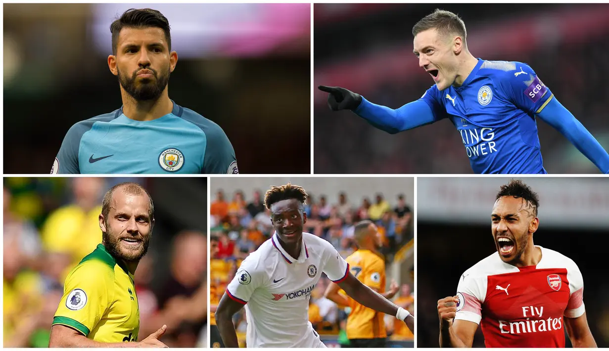Tiga gol yang dicetak Jamie Vardy saat melawan Southampton membuatnya melesat ke posisi pertama sebagai pencetak gol terbanyak Premier League 2019. Berikut ini para top scorer sementara di Liga Inggris. (Foto Kolase AP, AFP dan EPA)