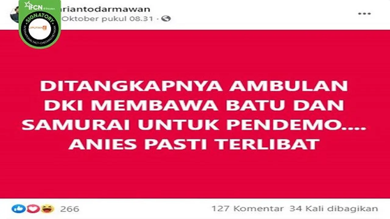 Gambar Tangkapan Layar Kabar tentang Ambulans DKI Diamakan karena Bawa Batu untuk Pendemo (sumber: Facebook)