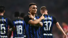 Striker Inter Milan, Lautaro Martinez, merayakan gol yang dicetaknya ke gawang Atletico Madrid di Stadion Wanda Metropolitano, Minggu (12/8/2018) dini hari WIB. (Twitter Inter Milan)
