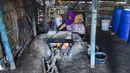Perempuan petani tradisional mengumpulkan garam yang telah masak di Lampanah, Aceh, 26 Agustus 2019. Setiap petani di permukiman Lampanah mampu memproduksi garam sekitar 150 - 200 kg per hari yang dijual Rp5.000 per kg. (CHAIDEER MAHYUDDIN / AFP)