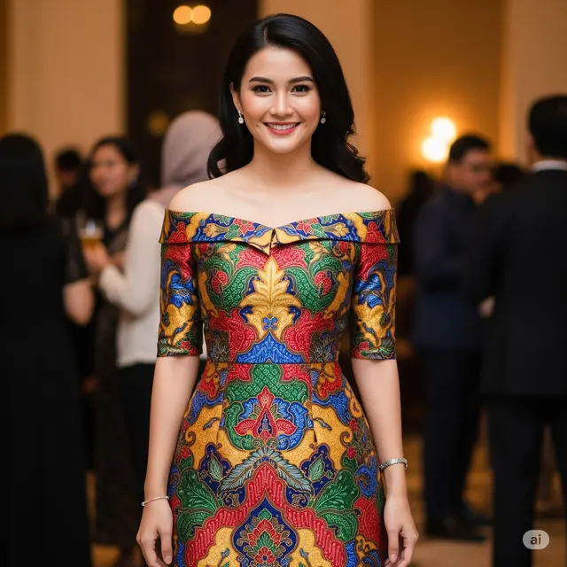 Off-Shoulder Dress Batik Satin Lengan Pendek
