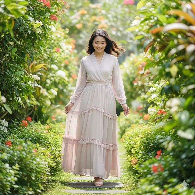 8 Model Long Dress Bahan Sifon dengan Potongan Ruffle Feminin, Pilihan ...