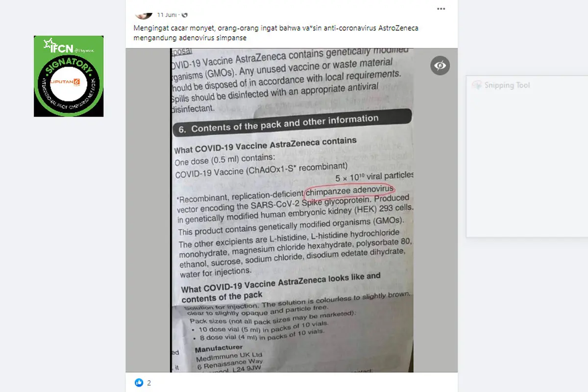 Tangkapan layar klaim cacar monyet disebabkan vaksin AstraZeneca karena mengandung adenovirus simpanse