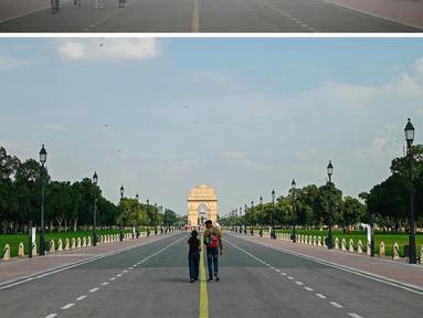 Foto Kombinasi yang dibuat pada tanggal 18 November 2024 ini menunjukkan para pejalan kaki yang berjalan di sepanjang Jalur Kartavya yang diselimuti kabut asap tebal, di dekat Gerbang India di New Delhi pada tanggal 18 November 2024 (foto atas) dan para pejalan kaki yang berjalan di bawah langit biru yang cerah di Jalur Kartavya dekat Gerbang India di New Delhi pada tanggal 26 September 2024. (Sajjad HUSSAIN/AFP)