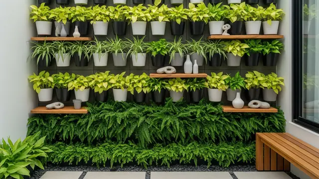 Dinding Hijau Vertikal dengan Pot Tempel Minimalis