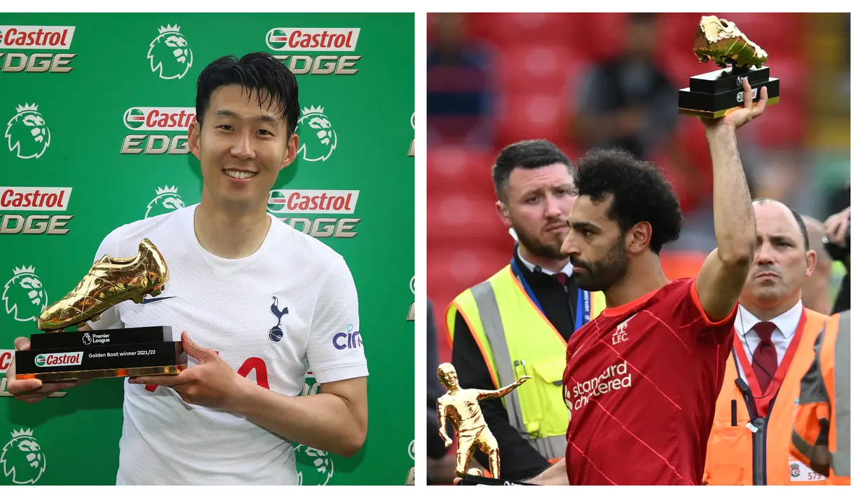 Musim 2021/2022. Pada musim 2021/2022 yang baru saja usai dengan menahbiskan Manchester City sebagai kampiun Liga Inggris, gelar top skor kembali diraih oleh lebih dari satu pemain, yaitu Mohamed Salah (Liverpool) dan Son Heung-min (Tottenham Hotspur). Keduanya sama-sama mencetak 23 gol hingga laga pamungkas musim 2021/2022. Son Heung-min mampu tampil tajam sejak awal tahun 2022, sementara Mohamed Salah mulai menurun ketajamannya memasuki awal tahun 2022. Di pekan terakhir, keduanya mampu mencetak gol bagi timnya. (Kolase Foto AP dan AFP)