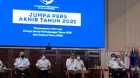 Menteri Perhubungan (Menhub) Budi Karya Sumadi dalam sesi jumpa pers akhir tahun di Kantor Kemenhub, Jakarta, Selasa (21/12/2021).
