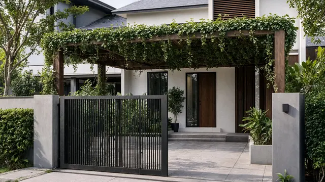 Gerbang Minimalis dengan Pergola Kayu Warna Gelap