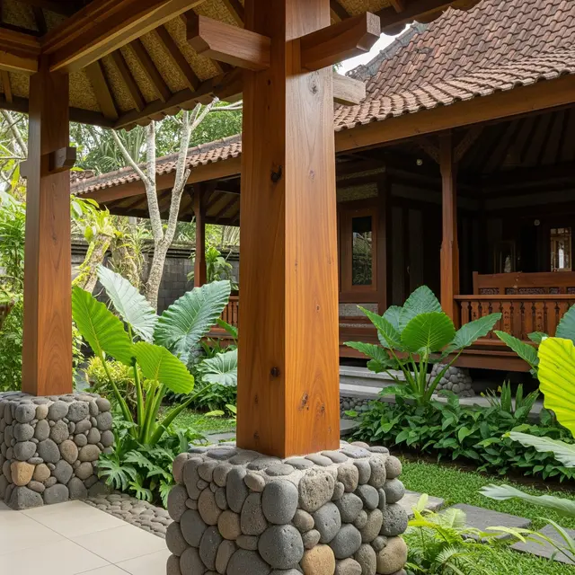 Model Tiang Rumah Batu Alam Kombinasi Kayu