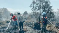 Petugas gabungan di Kabupaten Bengkalis berusaha mendinginkan kebakaran lahan agar tidak menimbulkan api lagi. (Liputan6.com/M Syukur)