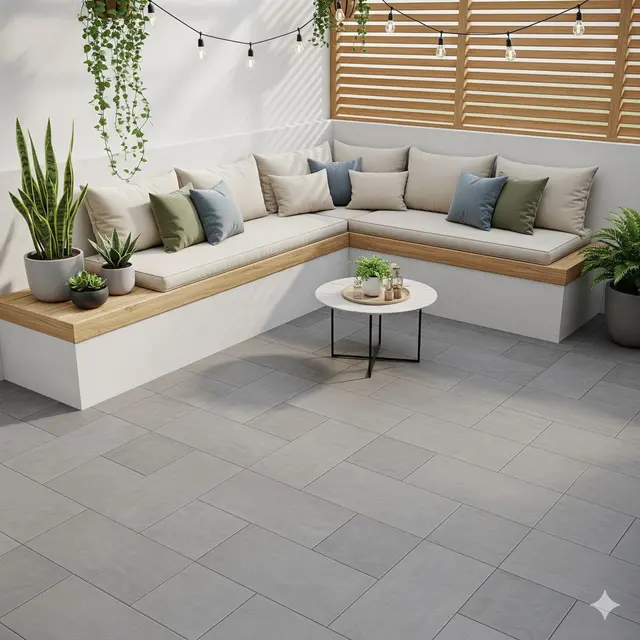 Teras Kecil dengan Kursi Tembok Permanen