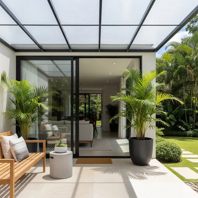 Teras Semi-Outdoor dengan Palem Interior