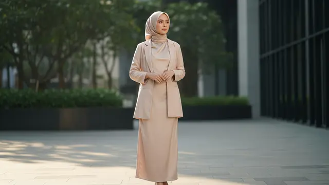 Gamis Satin Flowy dengan Outer Blazer Tipis Warna Senada