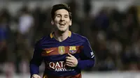Ekspresi pemain Barcelona, Lionel Messi, setelah mencetak gol ke gawang Rayo Vallecano pada laga La Liga Spanyol di Estadio del Rayo Vallecano, Madrid, Jumat (4/3/2016) dini hari WIB. (AFP/Pierre-Philippe Marcou)