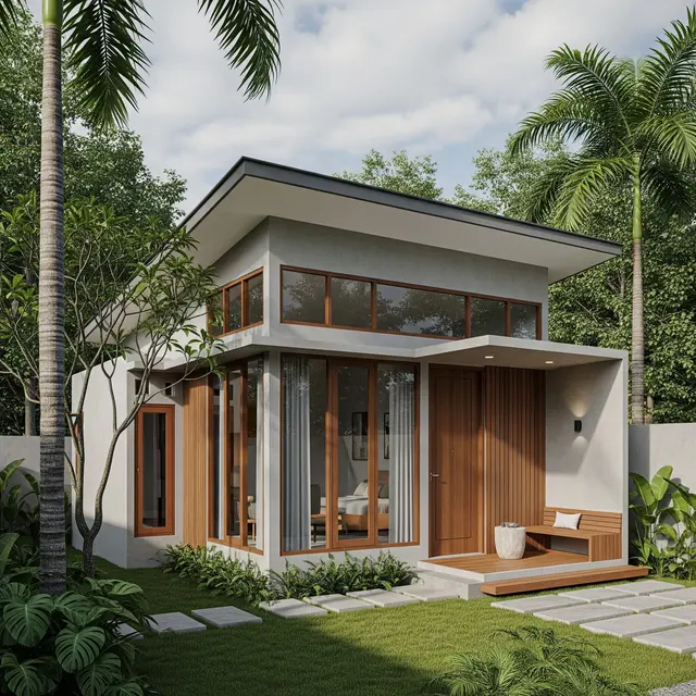 Rumah Kecil Bergaya Modern dengan Atap Datar dan Fasad Simpel
