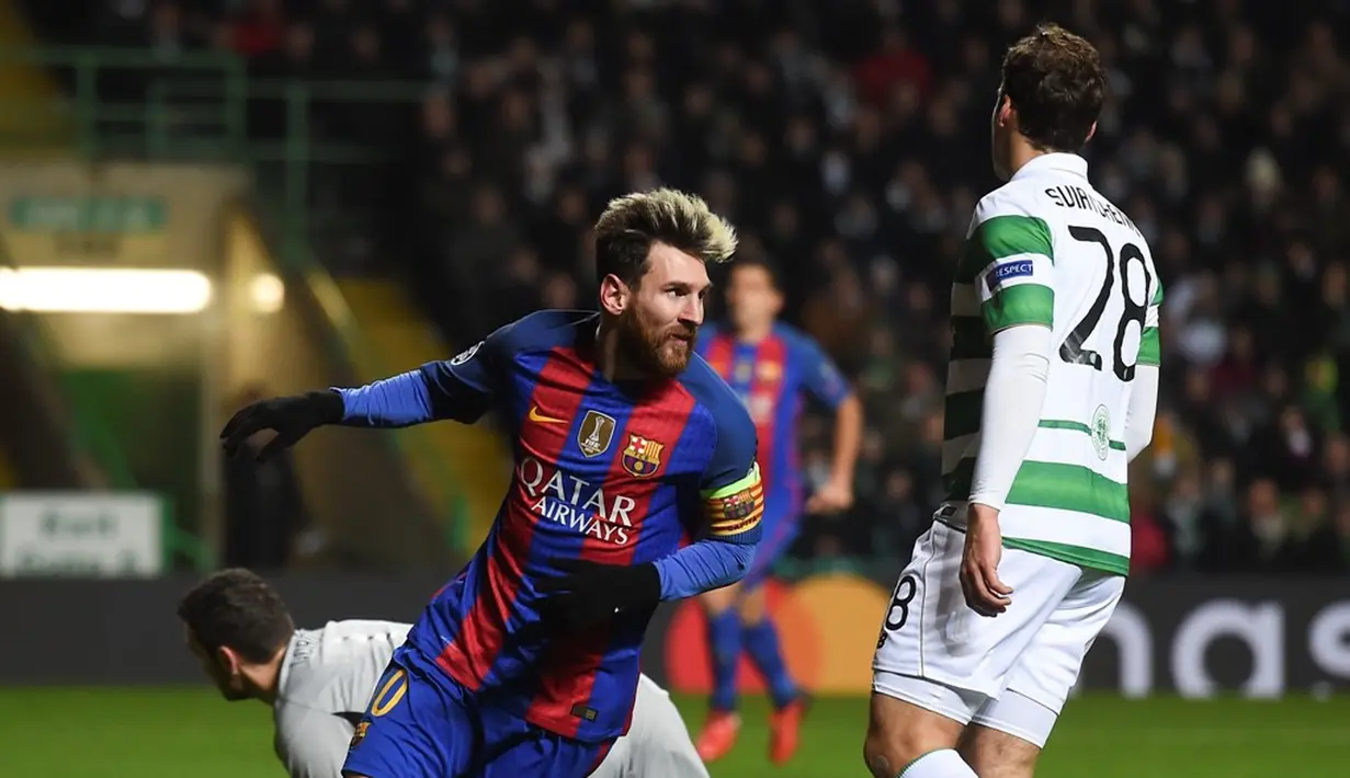 Lionel Messi mencetak dua gol kemenangan Barcelona atas Celtic pada laga kelima Grup C Liga Champions di Celtic Park, Rabu (23/11/2016). (AFP/Paul Ellis)