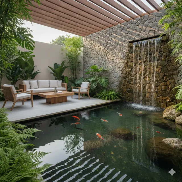 Model Teras Rumah Dekat Kolam Ikan