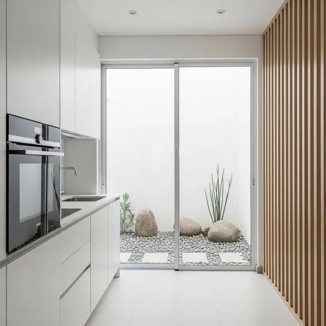 Model Dapur Kecil dengan Tanaman Hijau di Belakang dan Sekat Minimalis