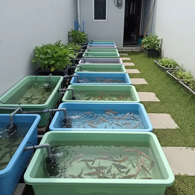 Budidaya Ikan Nila di Bak Plastik Bekas untuk Pekarangan Rumah Type 36 (AI Generated)
