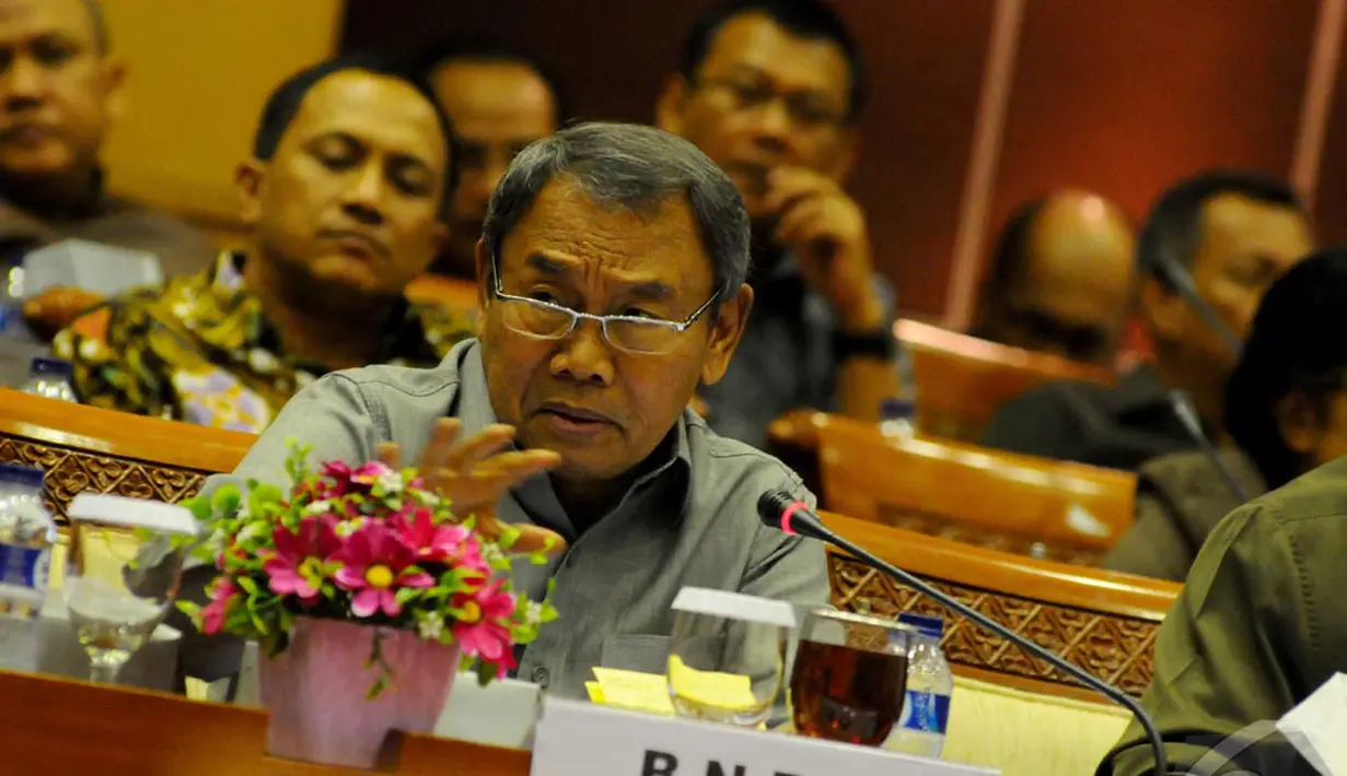 Kepala Badan Nasional Penanggulanan Terorisme (BNPT), Ansyaad Mbai, menjelaskan anggaran yang banyak keluar pada saat menanggani teroris, Jakarta, Rabu (3/9/2014) (Liputan6.com/Andrian M Tunay)