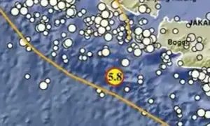 Gempa Magnitudo 5,8 mengguncang wilayah Sumur Banten, Sabtu dini hari (22/8/2026), pukul 00.41.43 WIB. (Liputan6.com/ Dok BMKG)